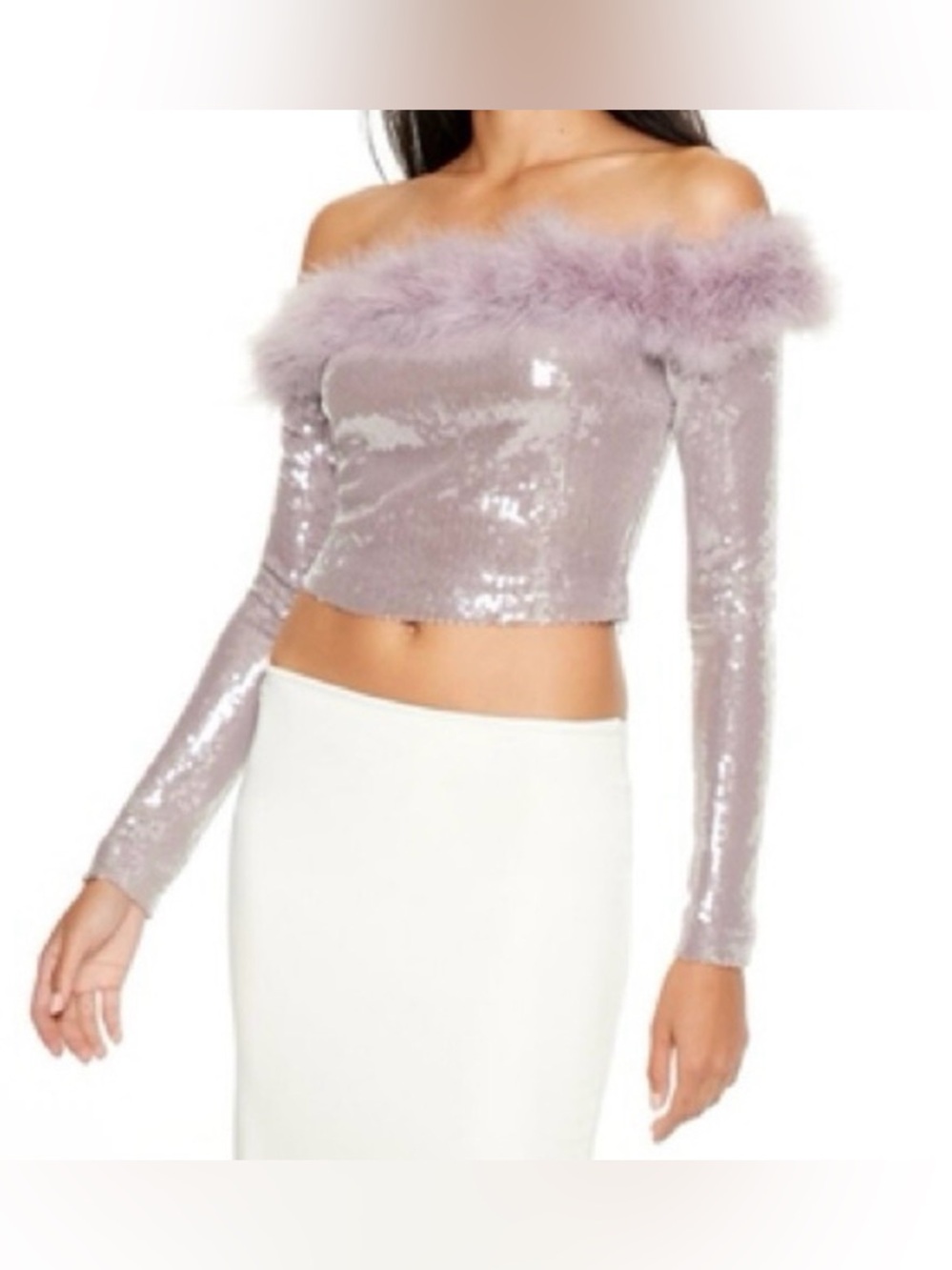 Forever 21 Lilac Sequin Off-Shoulder Crop Top with Feather Fur Trim